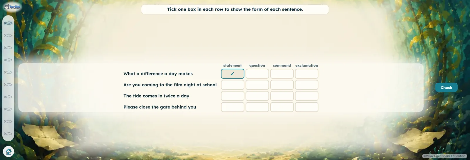 A grammar question with a grid for ticking whether each sentence is a statement, question, command or exclamation