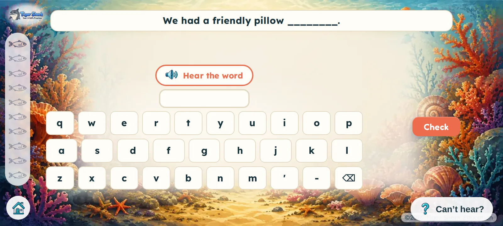 The spelling test with a Hear the word button and an on-screen keyboard