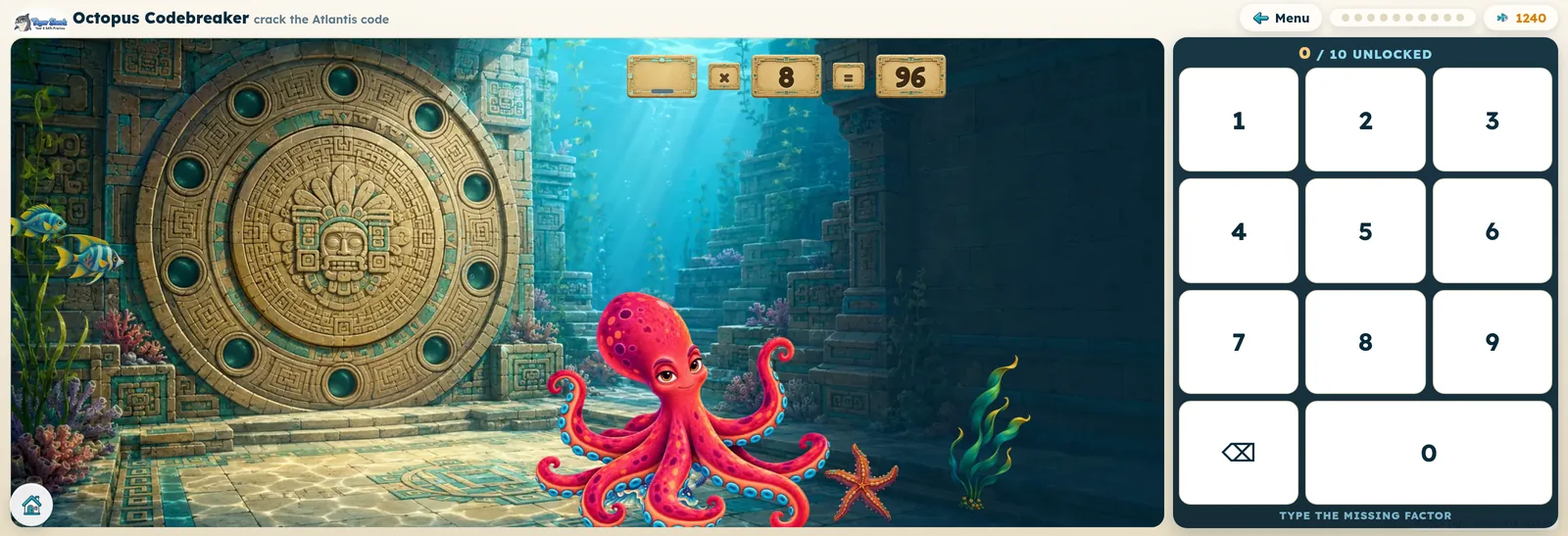 The Octopus Codebreaker game, typing the missing factor to unlock an underwater door